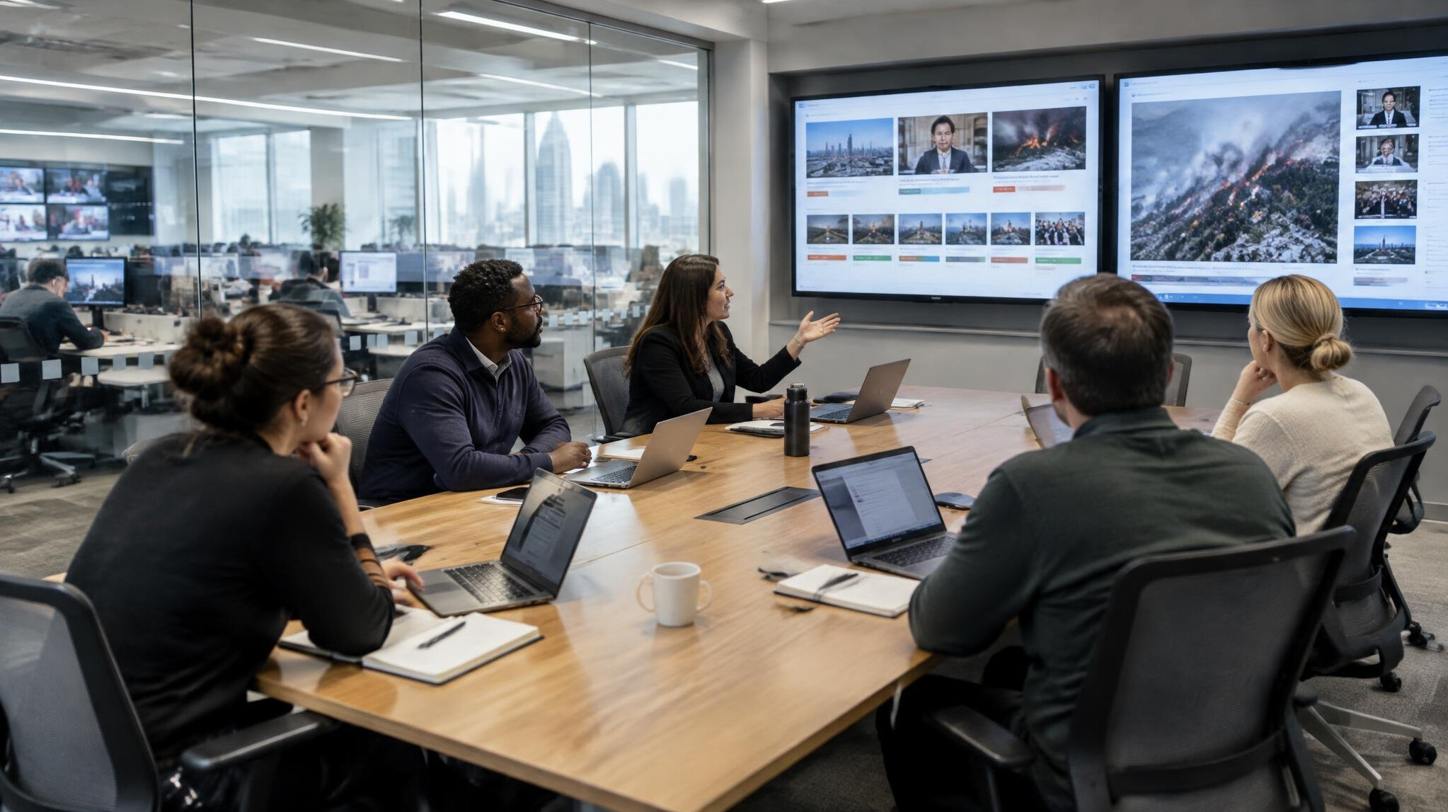 Editorial team reviewing a story board in a glass-walled newsroom meeting room