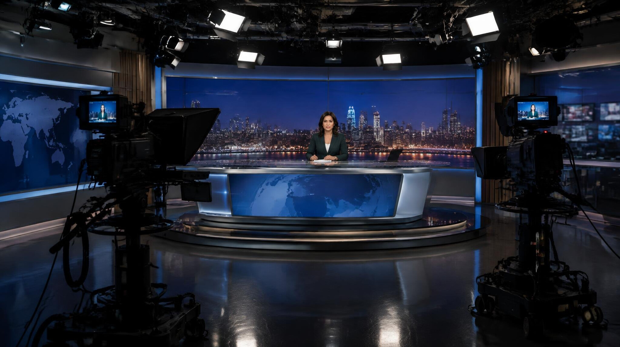Television news studio with anchor desk, lighting rigs and cameras ready for broadcast