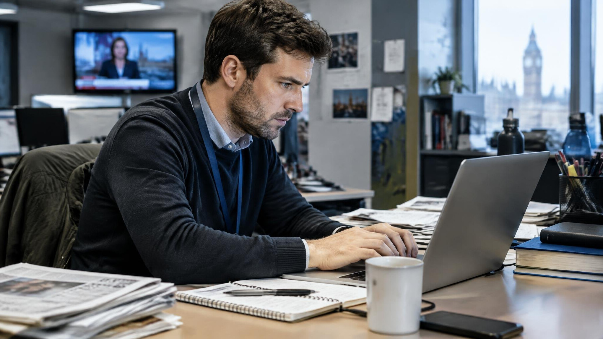 Journalist typing a breaking news story on a laptop at a busy desk