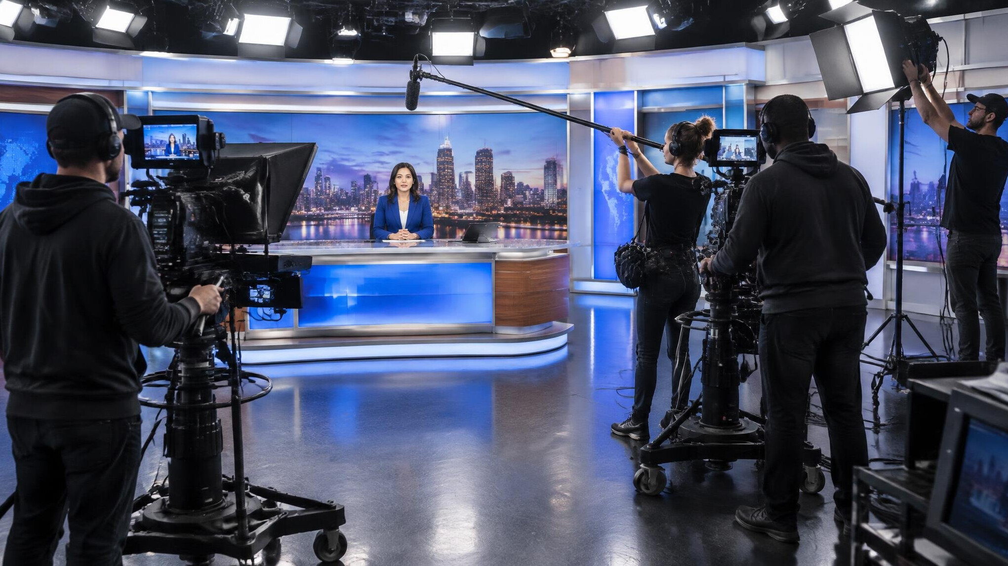 Full news studio production with crew members working around an anchor set