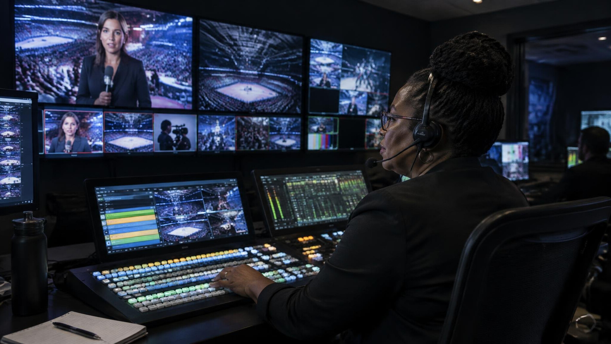 Broadcast control room with a wall of monitors and an editor coordinating a live feed