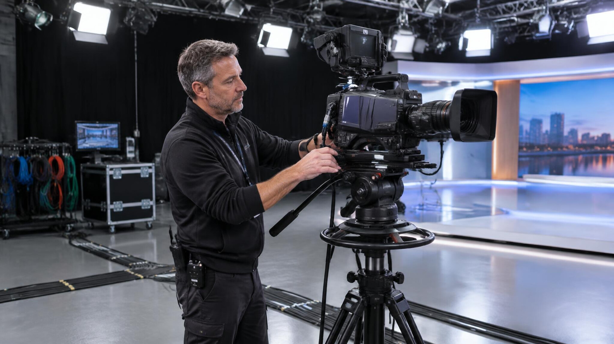 Technician adjusting a broadcast camera and tripod under studio lighting